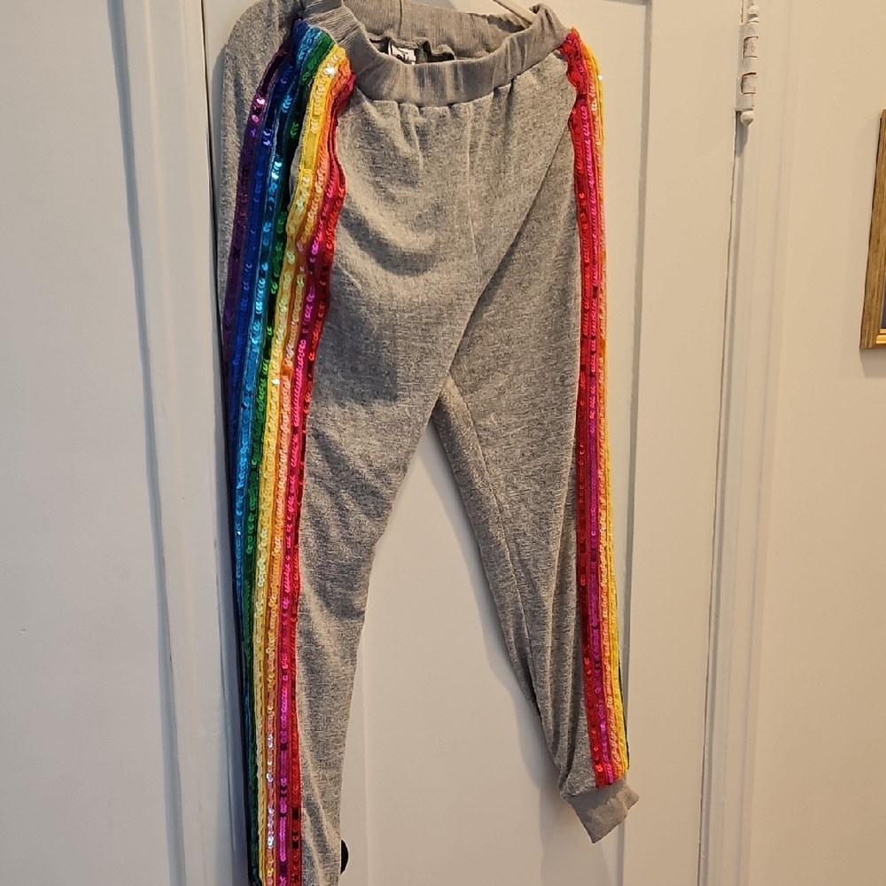 Lola + The Boys Gray Joggers with Rainbow Sequin Stripes